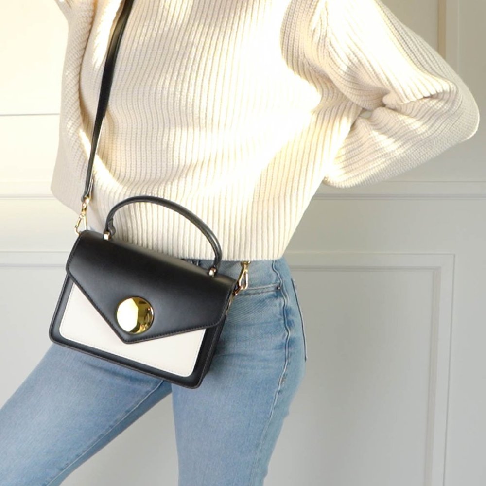 The June Genuine Leather Satchel - Black/White - Picture 11 of 13